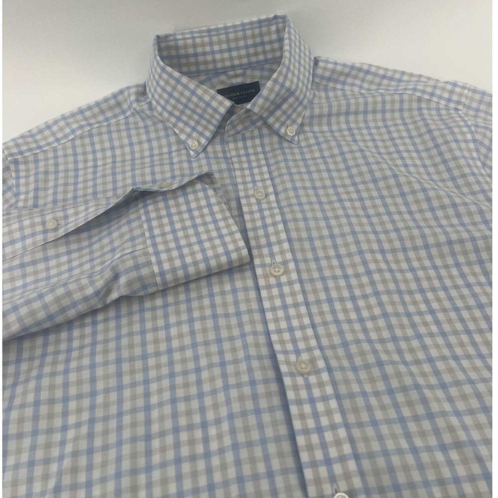 Proper Cloth Mens Blue Grey Tattersall Check Button Down Shirt Long Sleeve